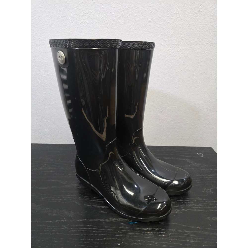 UGG Rain Boots Waterproof Black Glossy Tall Rubber Boots Womens Size 8